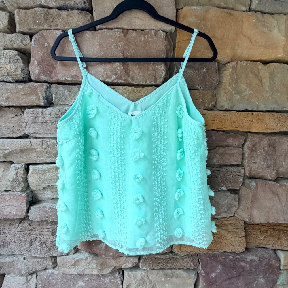 NEW &merci Womens Medium Cami Mint Green Pom Pom Floral Tank Top Camisole Preppy